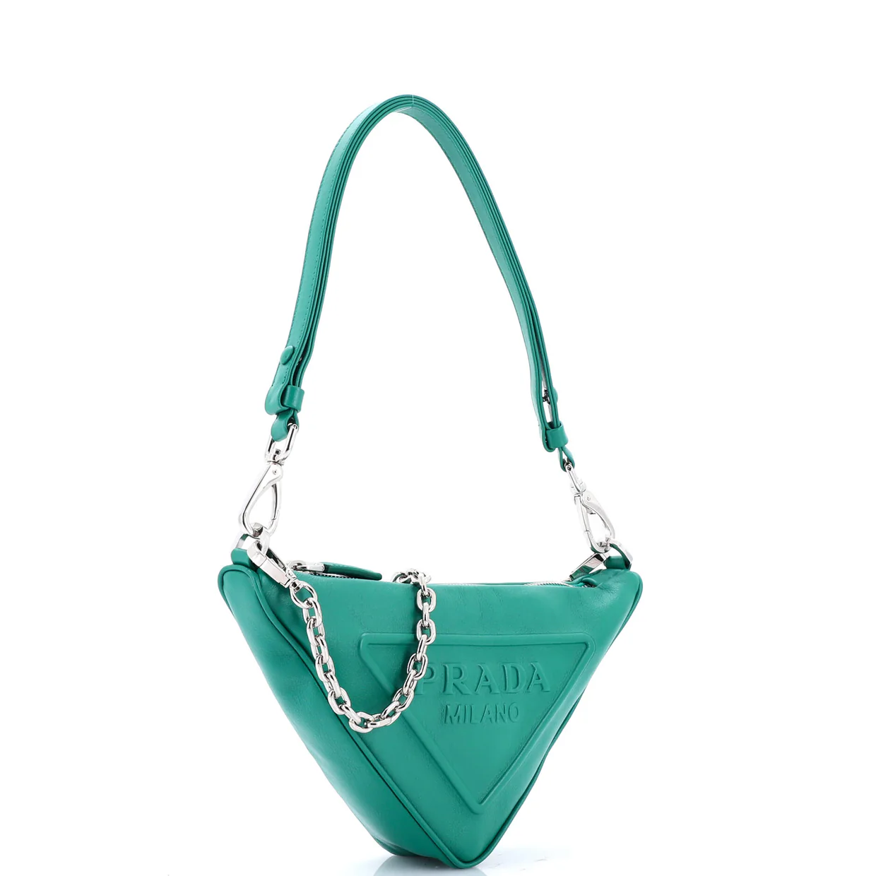 Triangle Logo Zip Chain Crossbody Bag Embossed Leather Small - Deep Luxury