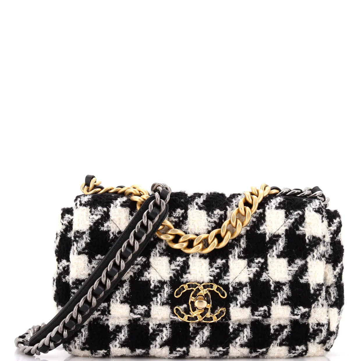 19 Flap Bag Quilted Houndstooth Tweed and Ribbon Medium - Deep Luxury