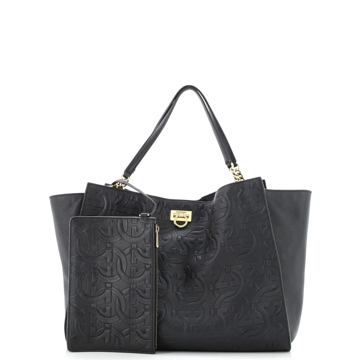 Trifolio Tote Gancini Embossed Leather Large - Deep Luxury