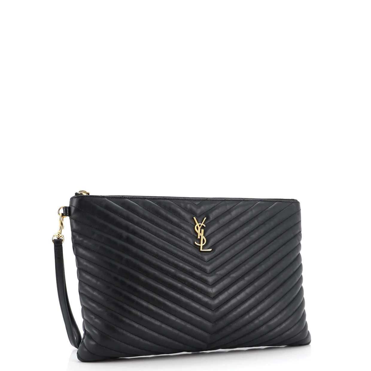 Classic Monogram Wristlet Pouch Matelasse Chevron Leather Large - Deep Luxury