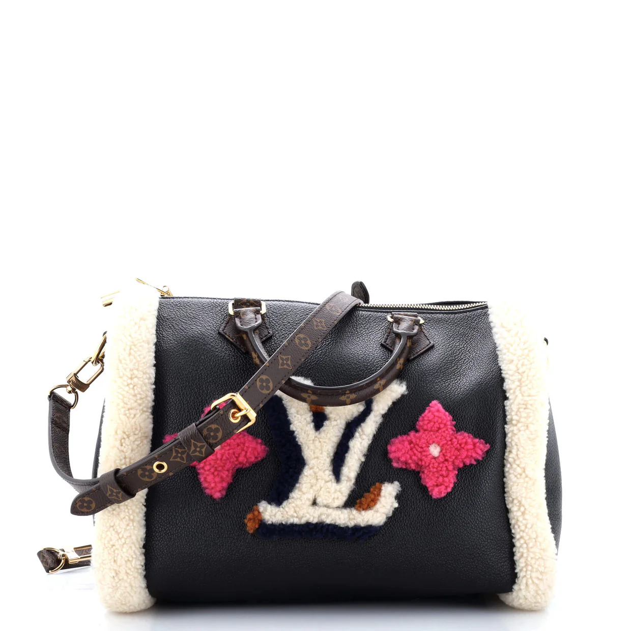 Speedy Bandouliere Bag Leather and Monogram Teddy Shearling 30 - Deep Luxury