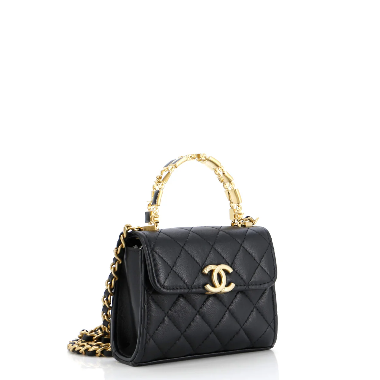 Coco Enamel Top Handle Flap Clutch with Chain Quilted Lambskin - Deep Luxury