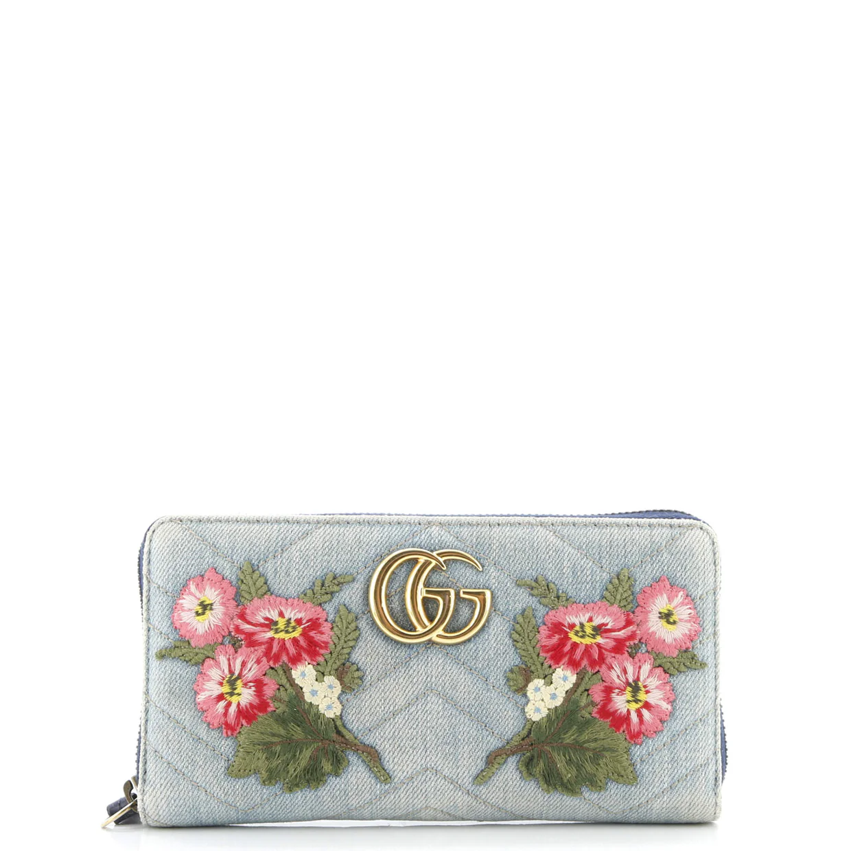 GG Marmont Zip Around Wallet Embroidered Matelasse Denim - Deep Luxury