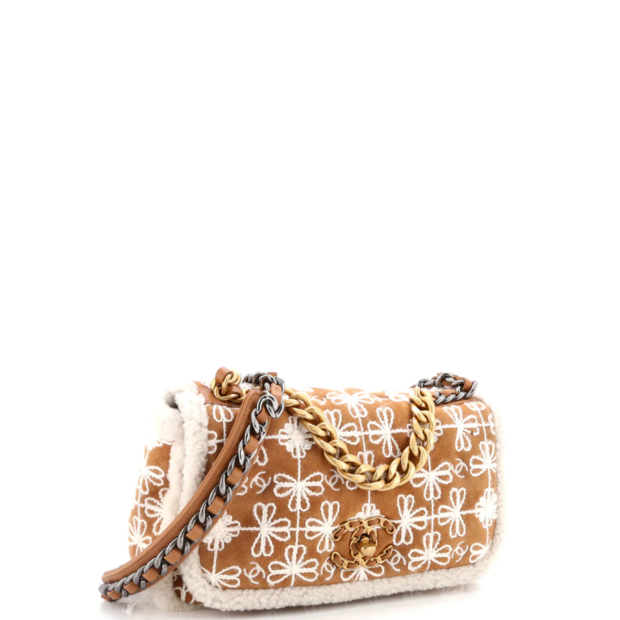19 Flap Bag Embroidered Suede with Shearling Medium - Deep Luxury