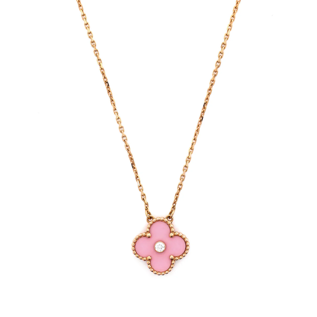 Vintage Alhambra Pendant Necklace 18K Rose Gold and Pink Opal with Diamond - Deep Luxury