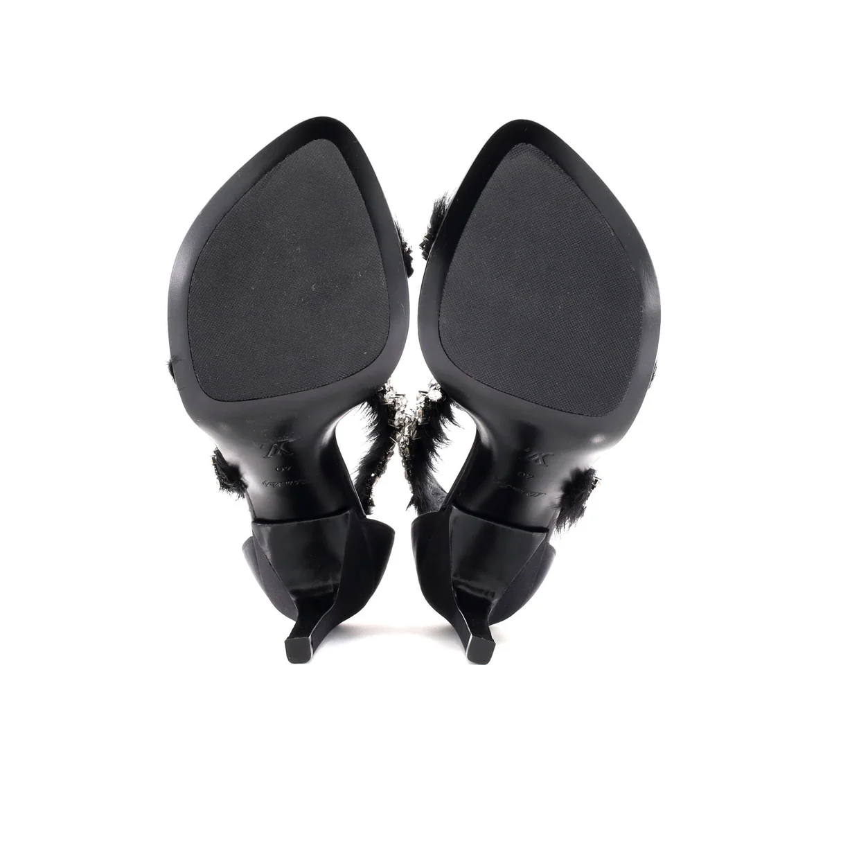 Women's Strap Heeled Sandals Crystal Embellished Satin with Calf Hair - Deep Luxury