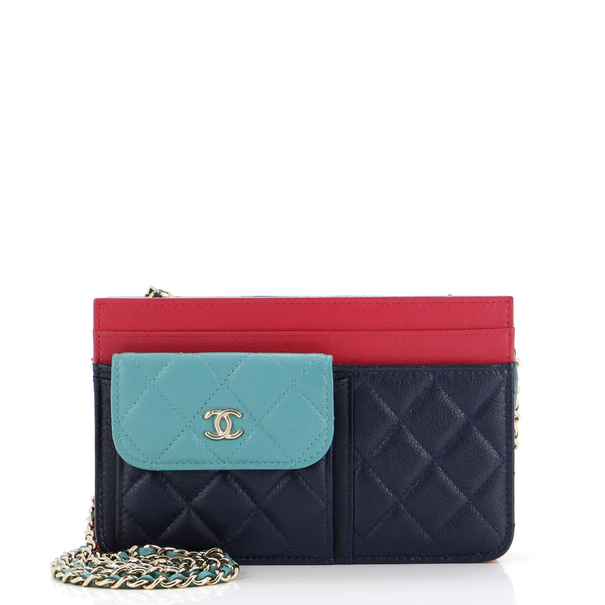 Tricolor CC Multi-Pocket Wallet on Chain Quilted Goatskin - Deep Luxury