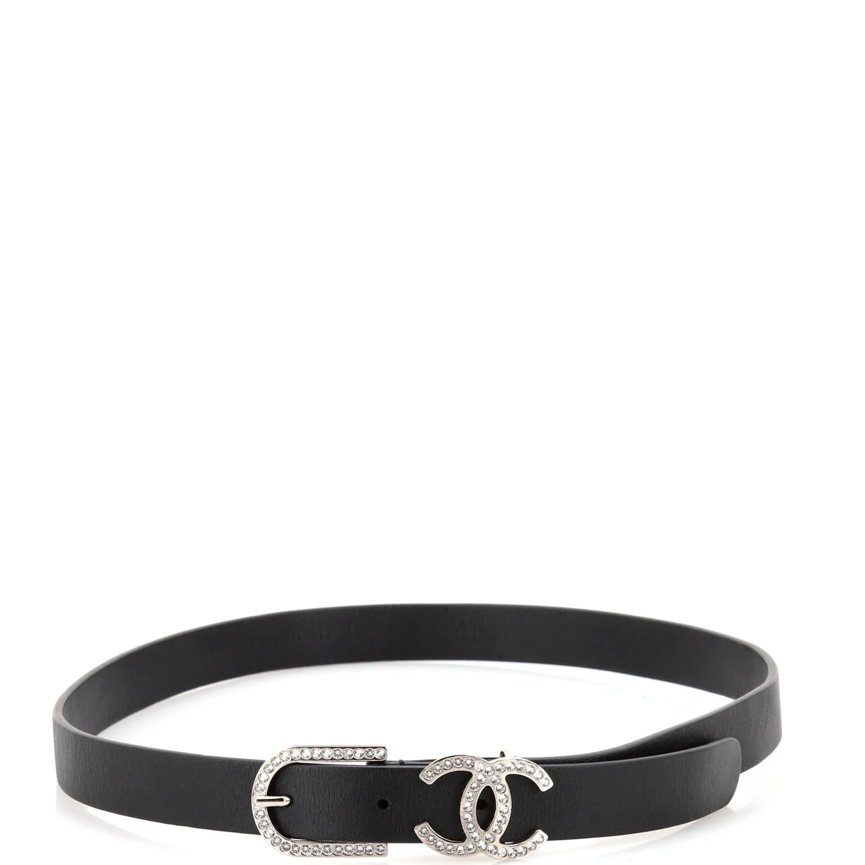 CC Buckle Belt Leather with Crystal Embellished Metal Thin 90 - Deep Luxury