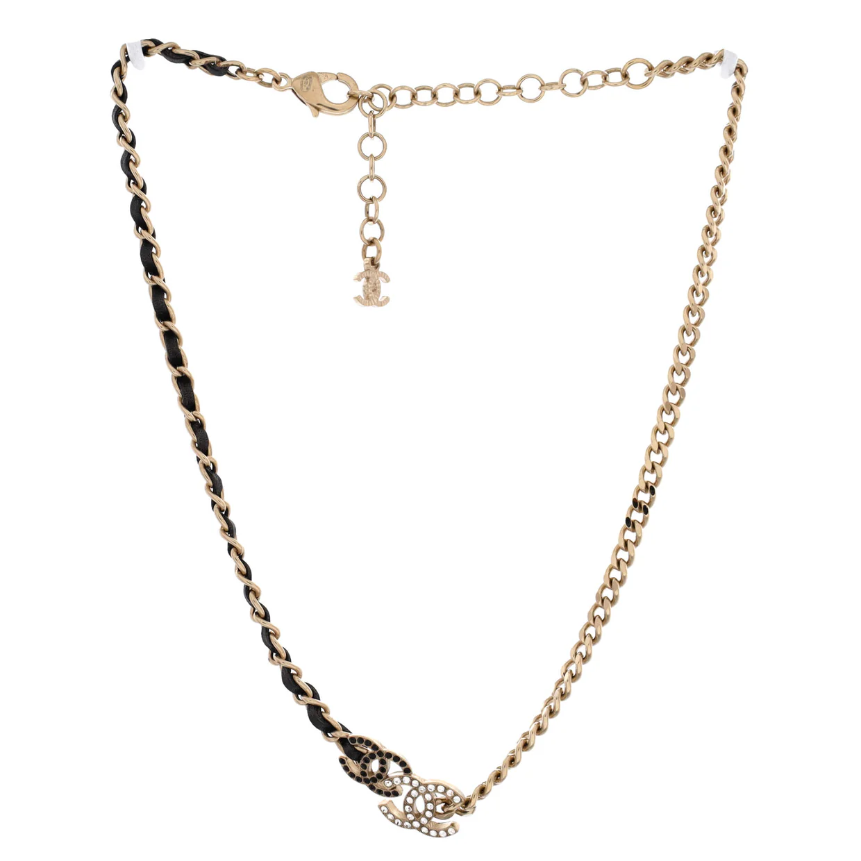 Double CC Chain Choker Necklace Metal with Leather and Crystals - Deep Luxury