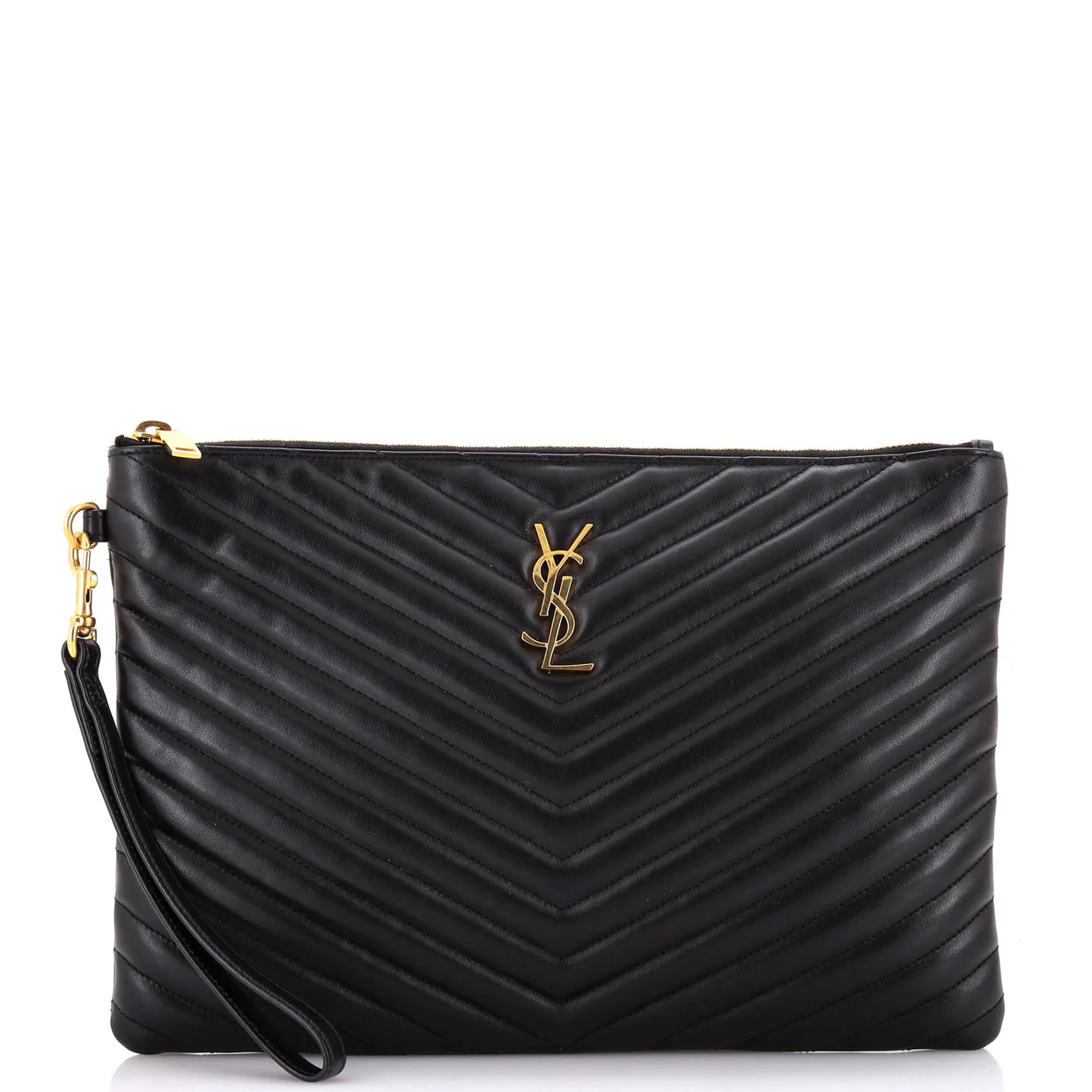 Classic Monogram Wristlet Pouch Matelasse Chevron Leather Medium - Deep Luxury