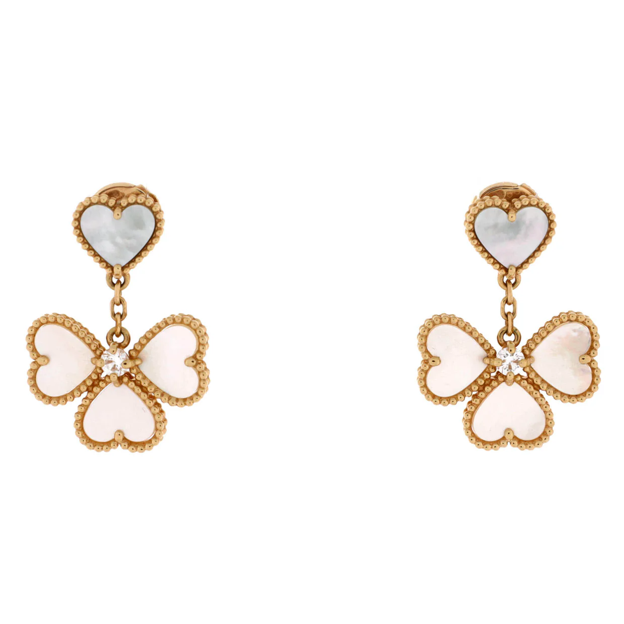 Sweet Alhambra Effeuillage Heart Earrings 18K Yellow Gold with Mother of Pearl and Diamonds - Deep Luxury