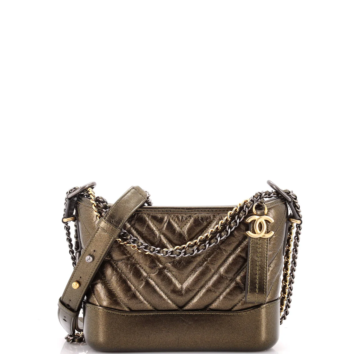 Gabrielle Hobo Chevron Metallic Aged Calfskin Small - Deep Luxury