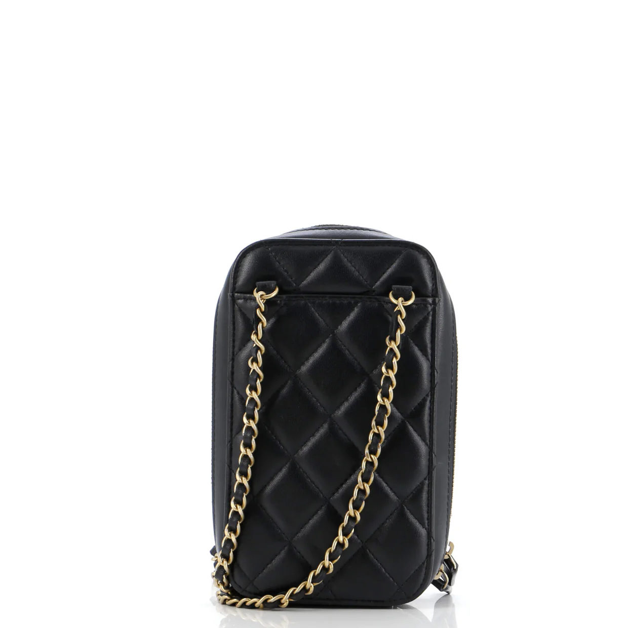 Woven CC Zip Around Phone Holder with Chain Quilted Lambskin Vertical - Deep Luxury