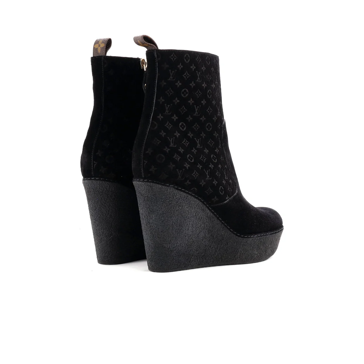 Women's Ankle Wedge Platform Boots Monogram Embossed Suede - Deep Luxury