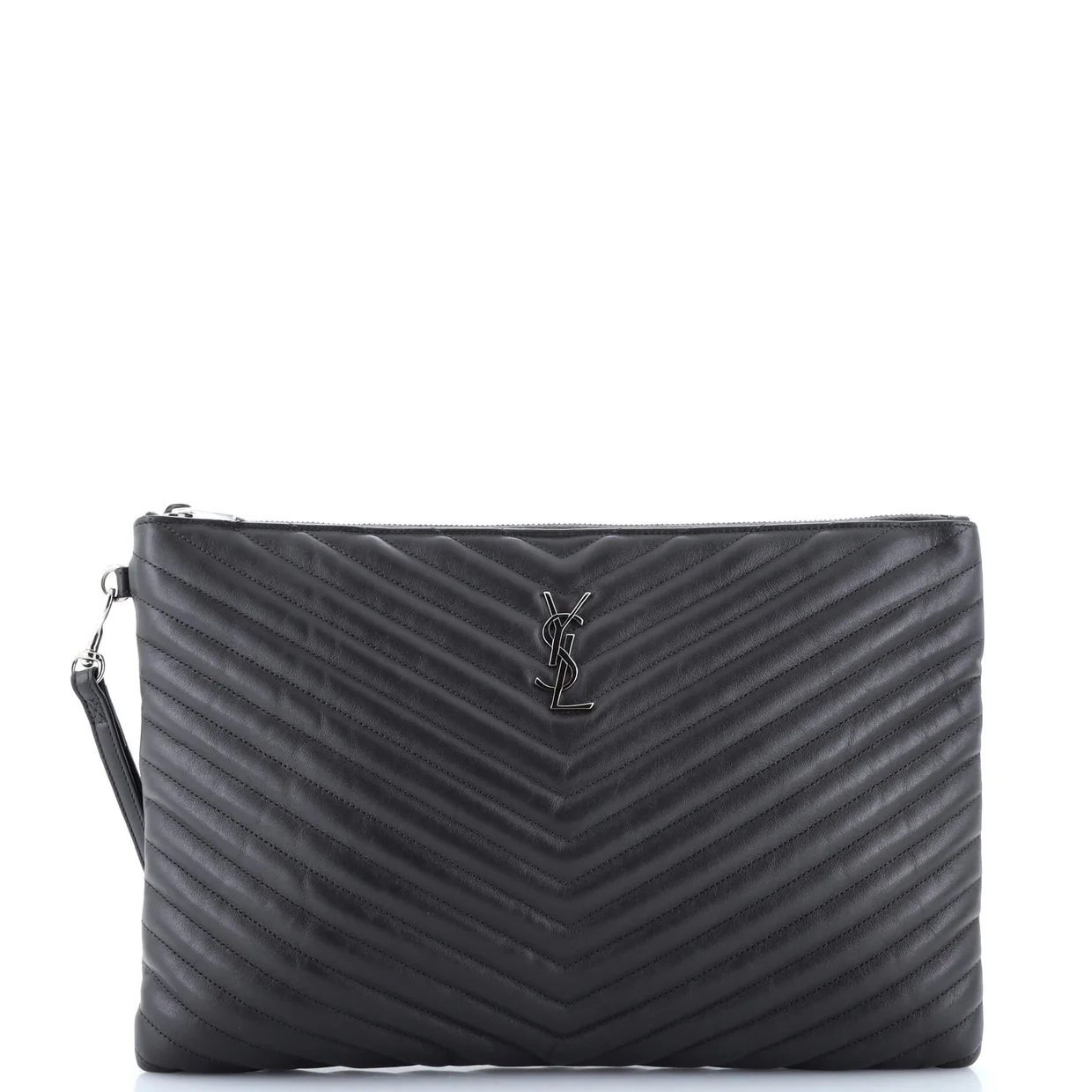 Classic Monogram Wristlet Pouch Matelasse Chevron Leather Large - Deep Luxury