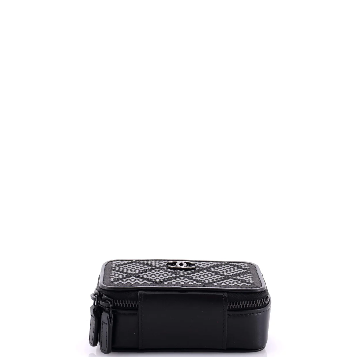 So Black Zip Around Vanity Clutch with Chain Strass Embellished Satin with Leather - Deep Luxury
