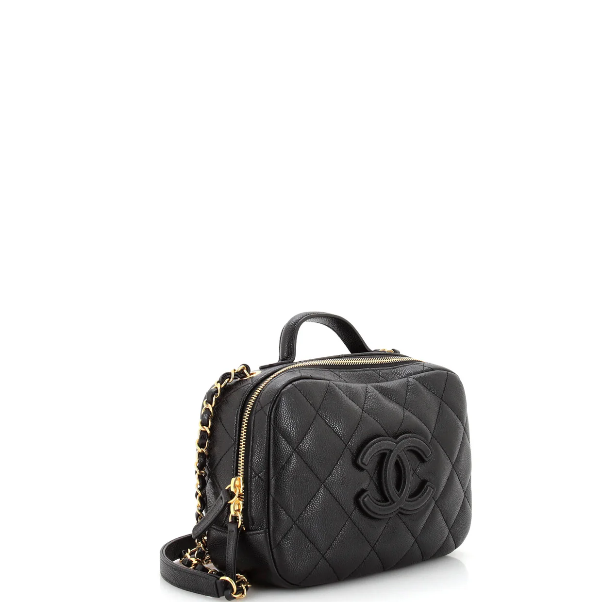 CC Top Handle Zip Around Vanity Case with Chain Quilted Caviar Small - Deep Luxury
