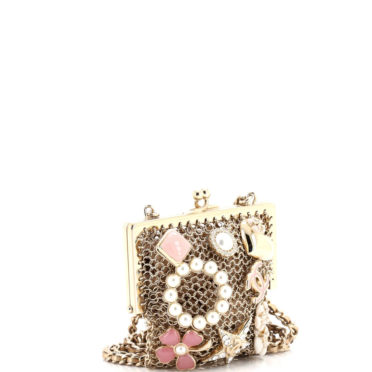 CC Charm Kisslock Frame Clutch with Chain Embellished Metal Mesh Mini - Deep Luxury