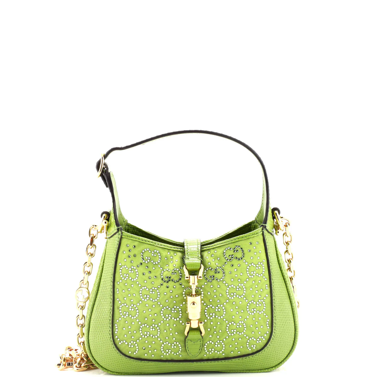 Jackie 1961 Chain Hobo Crystal GG Embellished Fabric with Lizard Mini - Deep Luxury