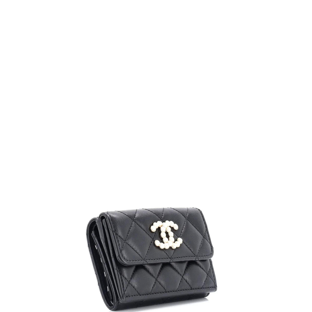 CC Pearl Trifold Flap Wallet Quilted Lambskin Small - Deep Luxury
