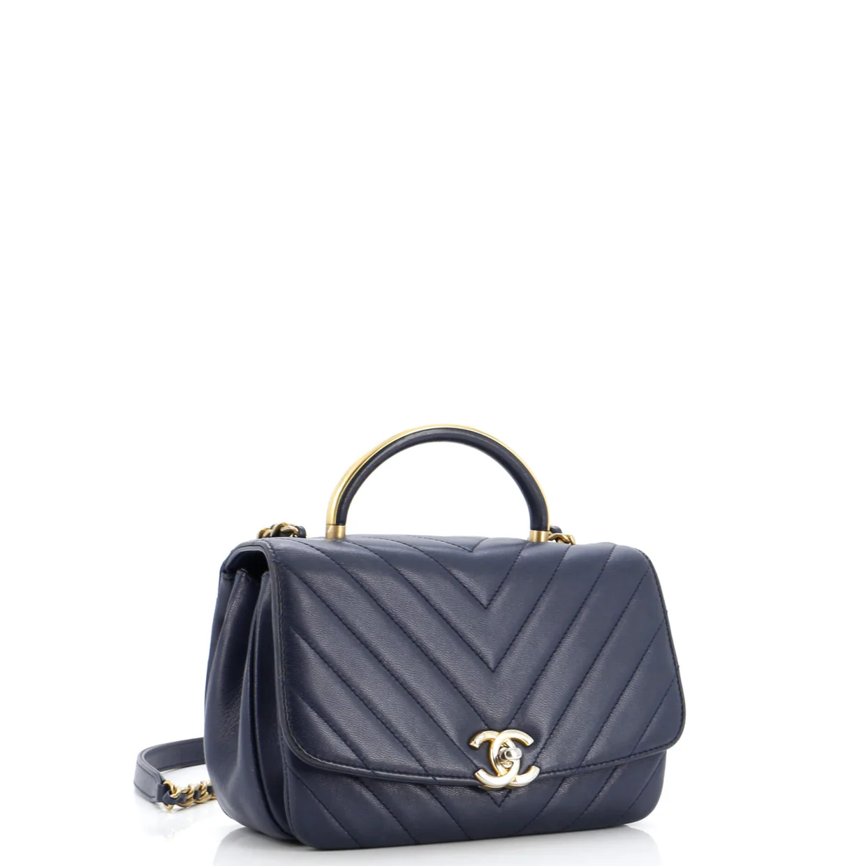 CC Metal Top Handle Flap Bag Chevron Lambskin Small - Deep Luxury