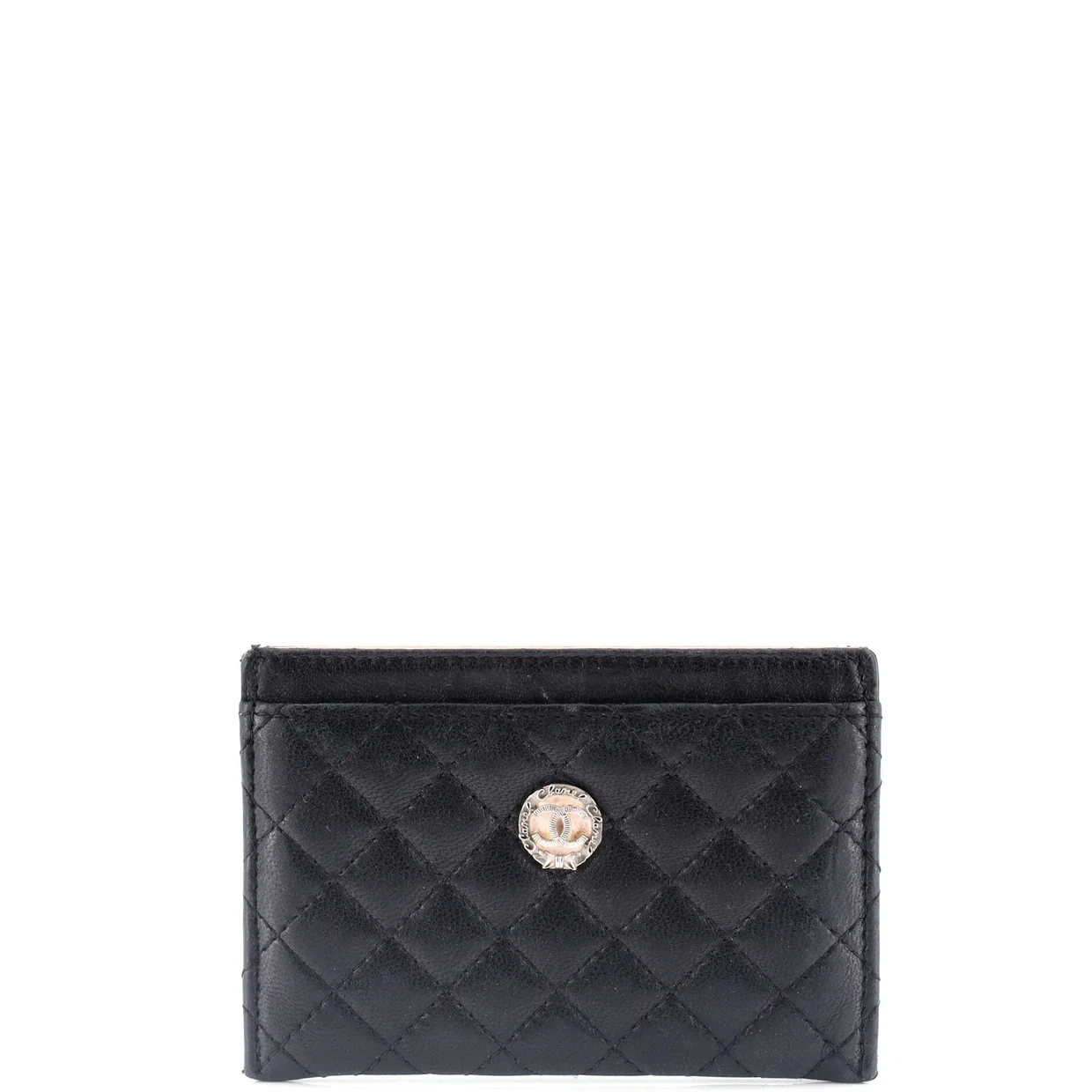 CC Bow Button Card Holder Micro Quilted Lambskin - Deep Luxury