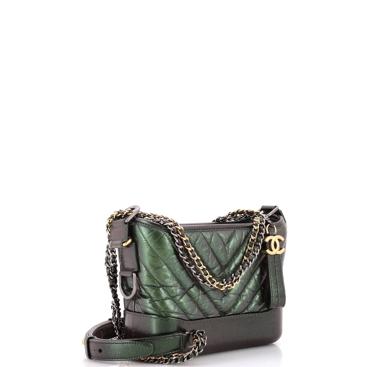 Gabrielle Hobo Chevron Metallic Aged Calfskin Small - Deep Luxury