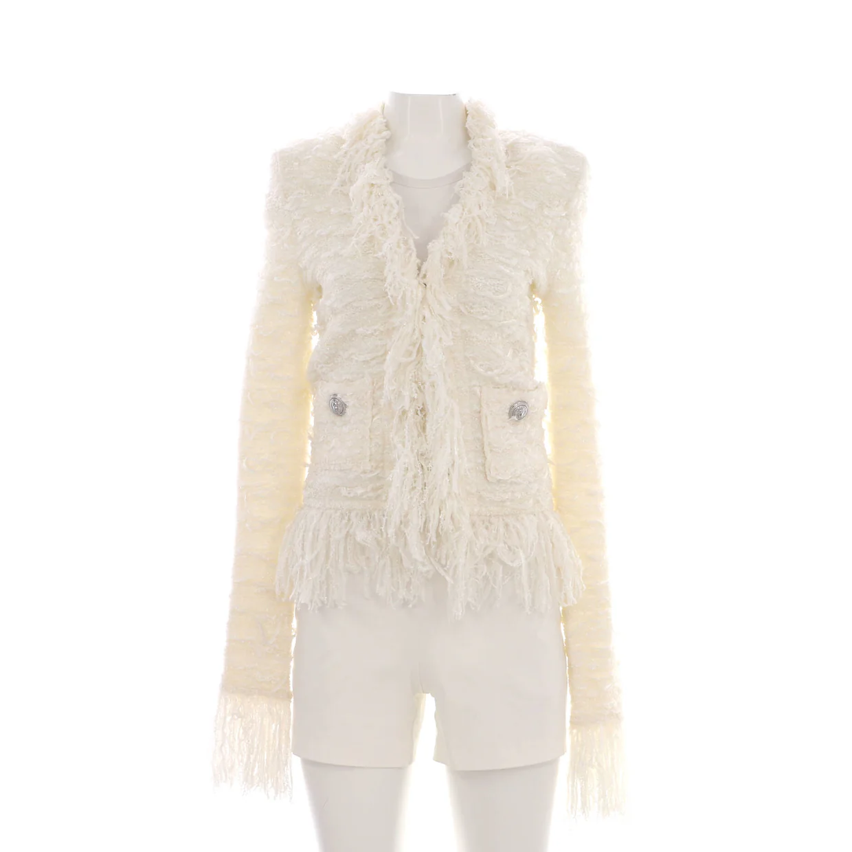 Women's Fringe Trim Collarless Pocket Jacket Tweed - Deep Luxury