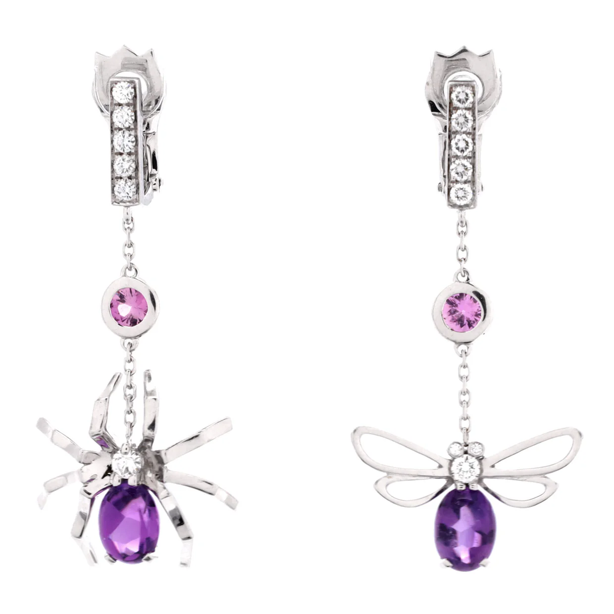 Attrape Moi Si Tu M'Aimes Drop Earrings 18k White Gold with Diamonds, Amethyst and Sapphire - Deep Luxury