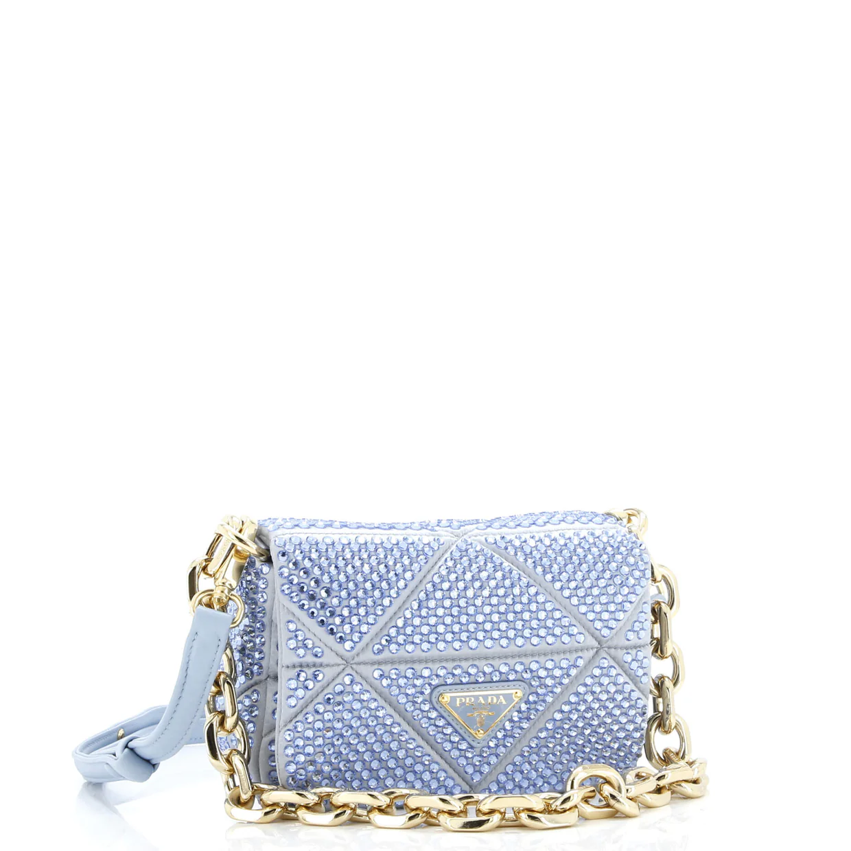 Triangle Chain Flap Bag Crystal Embellished Quilted Satin - Deep Luxury