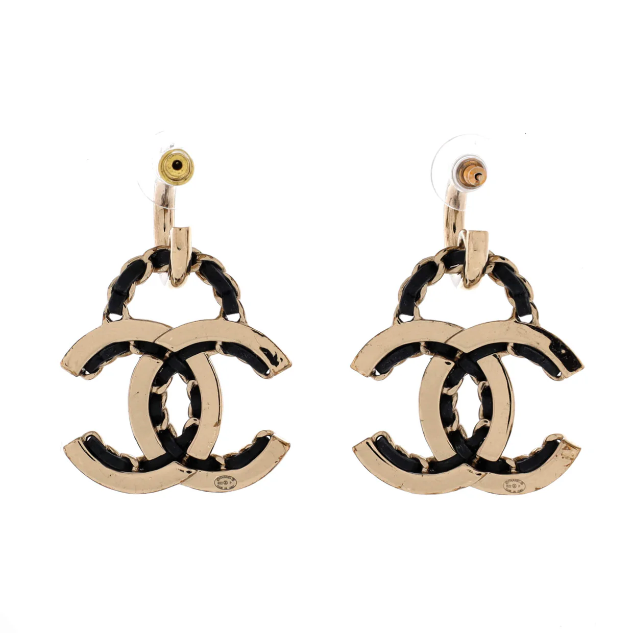 Woven Chain CC Drop Earrings Metal and Leather - Deep Luxury