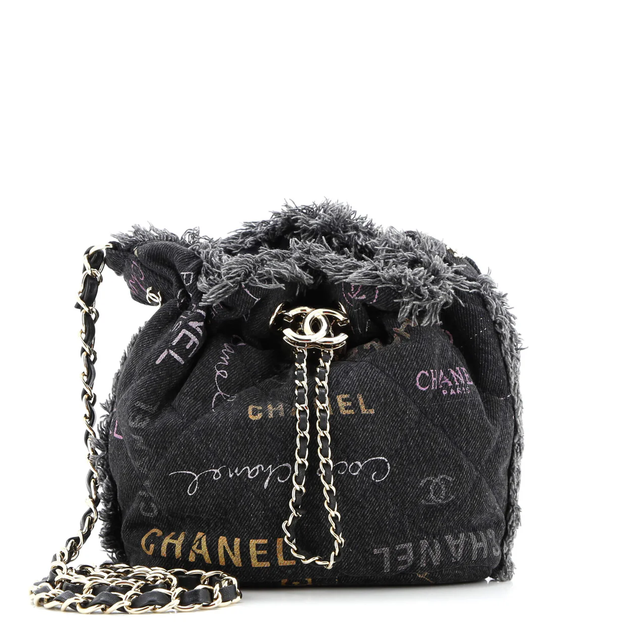 Denim Mood Chain Bucket Bag Logo Printed Quilted Fringe Denim Medium - Deep Luxury