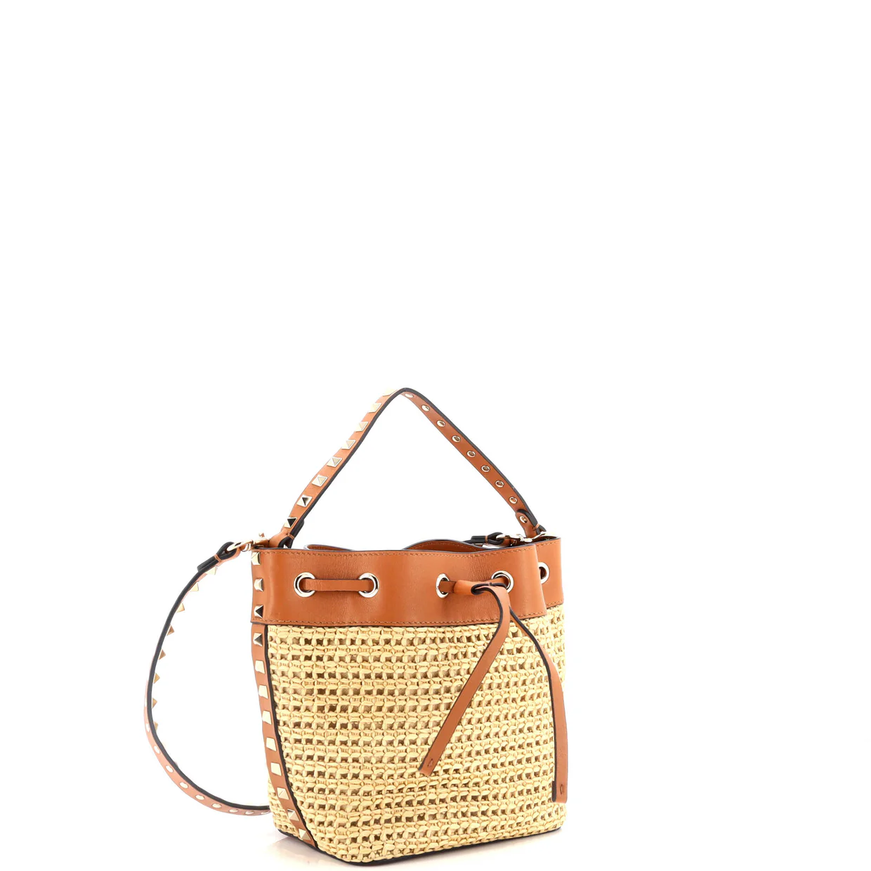 Convertible Rockstud Drawstring Bucket Bag Raffia with Leather Small - Deep Luxury