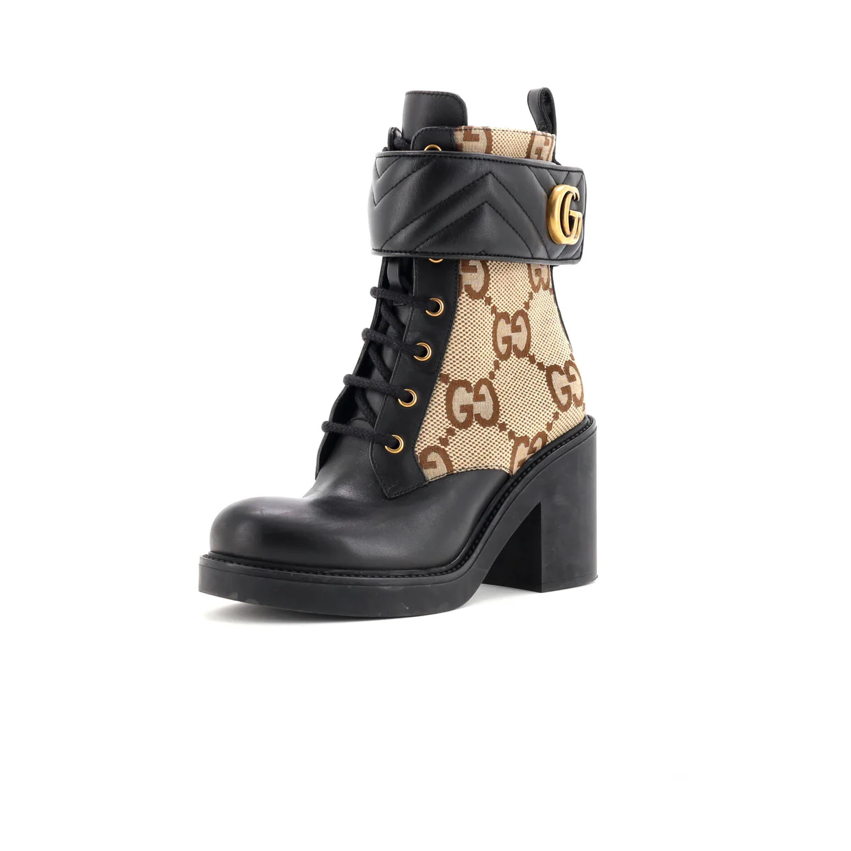 Women's GG Marmont Heeled Lace-Up Ankle Boots GG Canvas and Leather - Deep Luxury