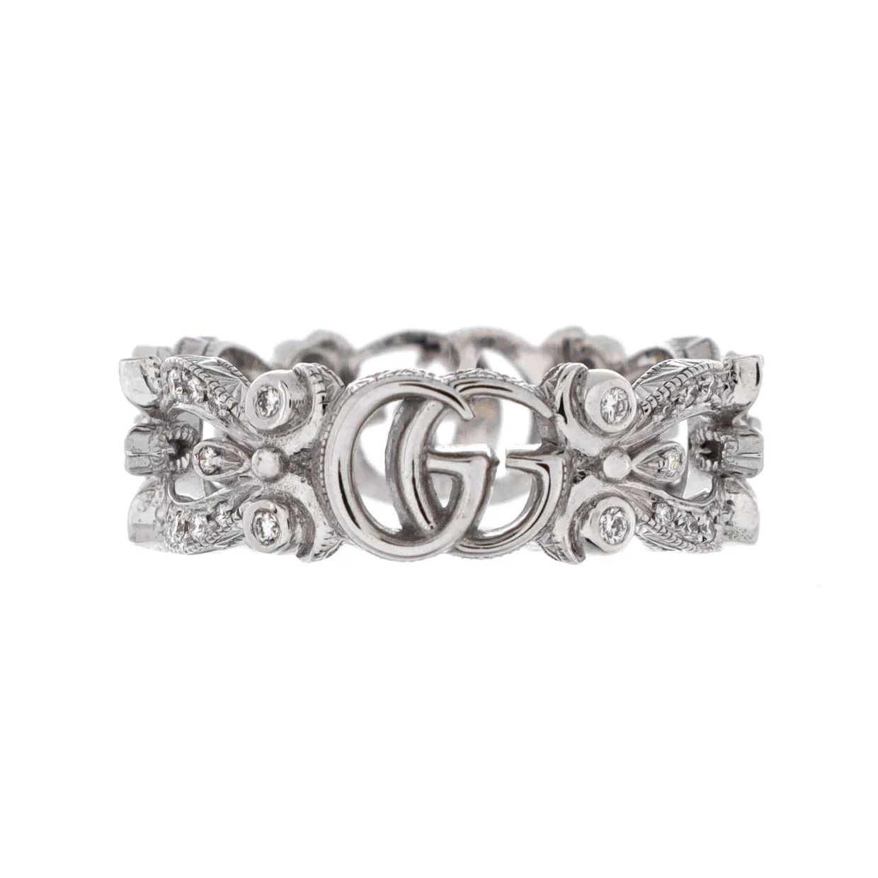 GG Flora Band Ring 18K White Gold with Diamonds - Deep Luxury