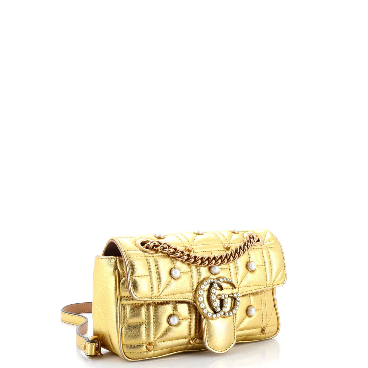 Pearly GG Marmont Flap Bag Embellished Matelasse Leather Small - Deep Luxury