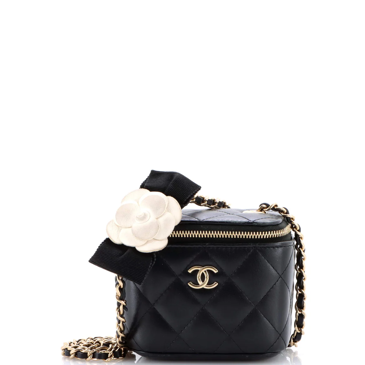 Camellia Bow Vanity Case with Chain Quilted Lambskin Mini - Deep Luxury