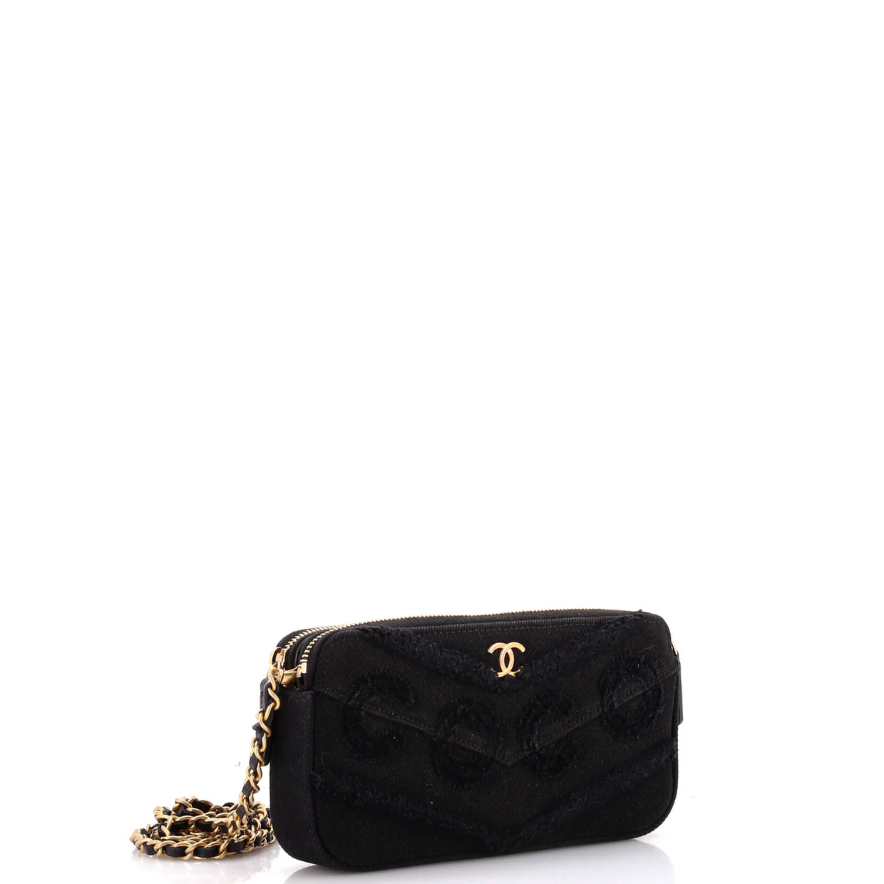 Coco Double Zip Clutch with Chain Fringe Chevron Denim - Deep Luxury