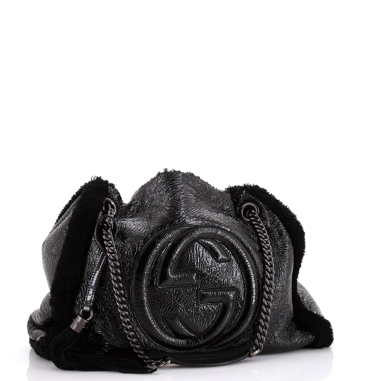 Soho Chain Strap Shoulder Bag Patent and Shearling Medium - Deep Luxury