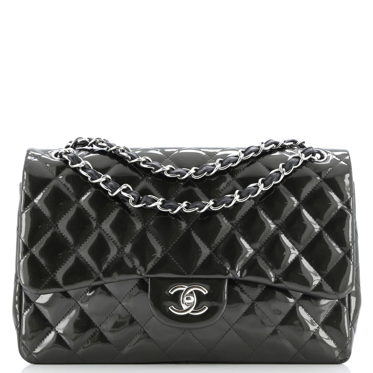 Classic Double Flap Bag Quilted Striated Metallic Patent Jumbo - Deep Luxury