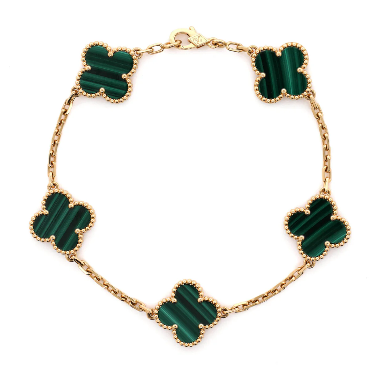 Vintage Alhambra 5 Motifs Bracelet 18K Yellow Gold and Malachite - Deep Luxury