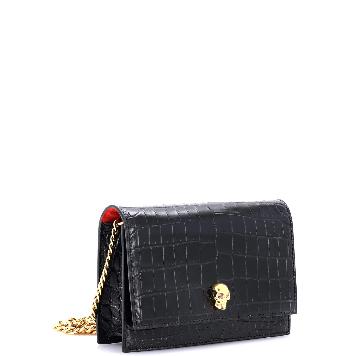 Skull Chain Crossbody Bag Crocodile Embossed Leather Mini - Deep Luxury