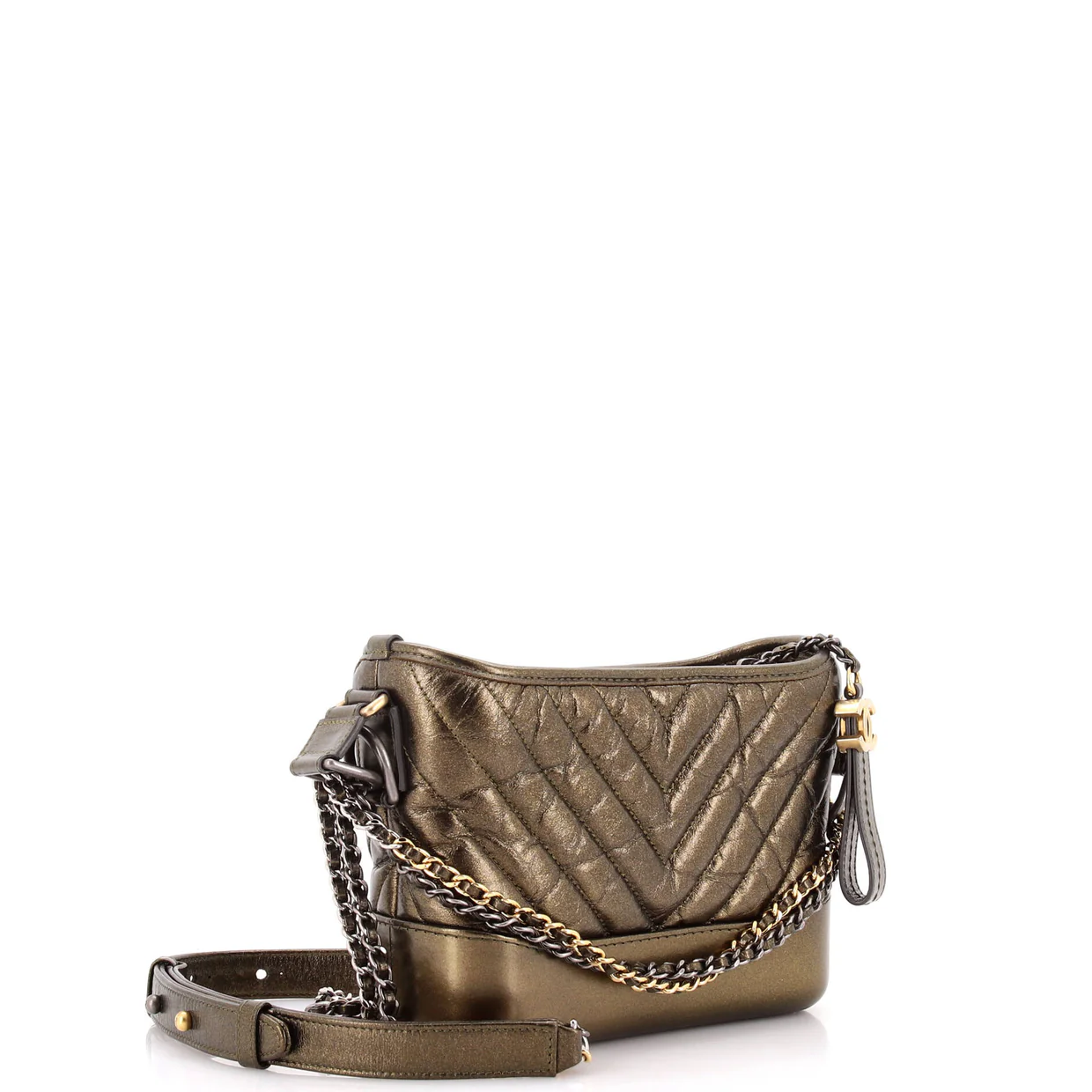 Gabrielle Hobo Chevron Metallic Aged Calfskin Small - Deep Luxury