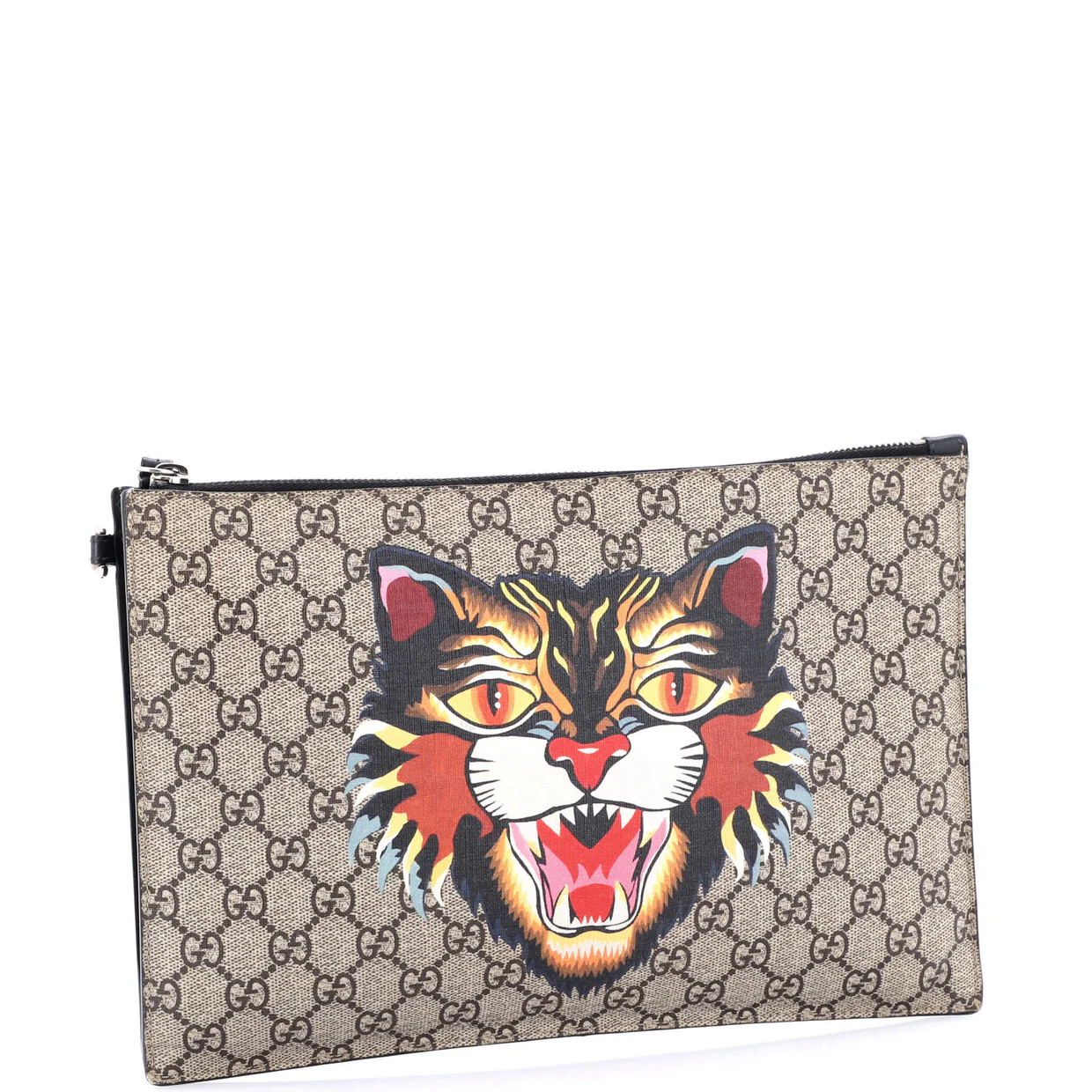 Zipped Pouch Angry Cat GG Coated Canvas Large - Deep Luxury