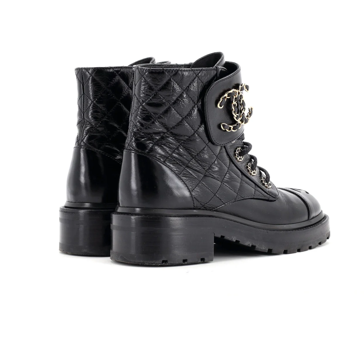 Women's Chain CC Cap Toe Lace Up Combat Boots Quilted Shiny Calfskin - Deep Luxury
