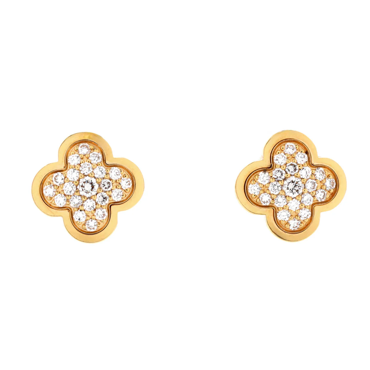Pure Alhambra Stud Earrings 18K Yellow Gold with Diamonds - Deep Luxury