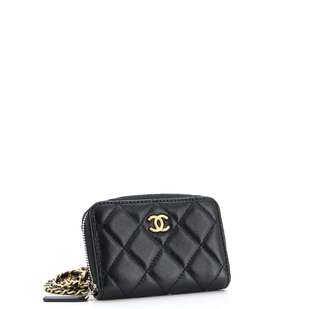 Pearl Crush Zip Around Card Holder on Chain Quilted Lambskin - Deep Luxury