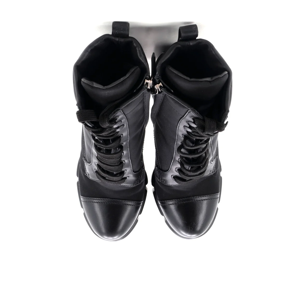 Women's Triangle Logo Heeled Ankle Boots Nylon and Leather - Deep Luxury