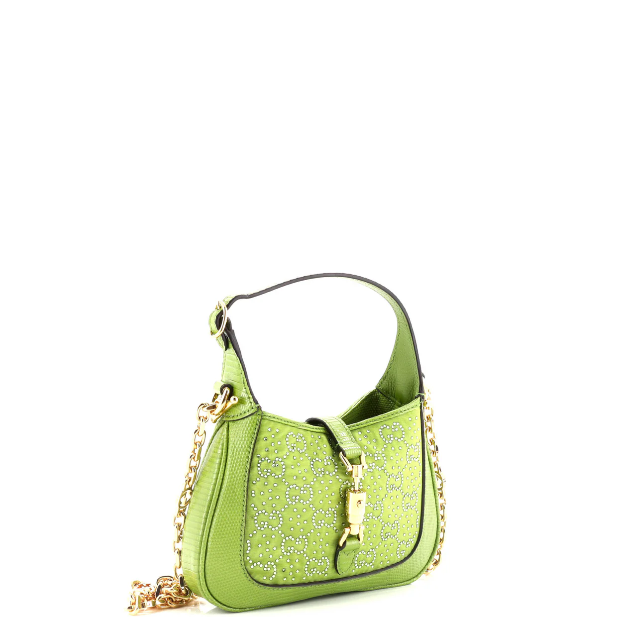 Jackie 1961 Chain Hobo Crystal GG Embellished Fabric with Lizard Mini - Deep Luxury