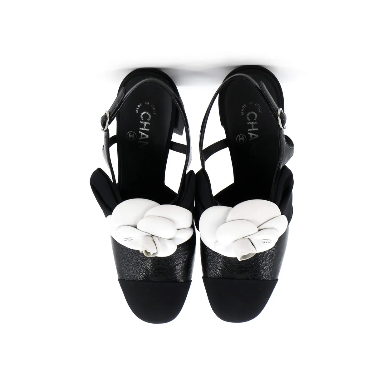 Women's Cap Toe Camellia Bow Slingback Pumps Crumpled Shiny Fabric with Grosgrain - Deep Luxury